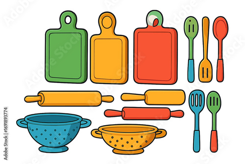 Colorful kitchen utensils set. Vector collection for cooking and baking. Cartoon icons of food preparation tools: cutting board, rolling pin, colander, strainer, and spatula.