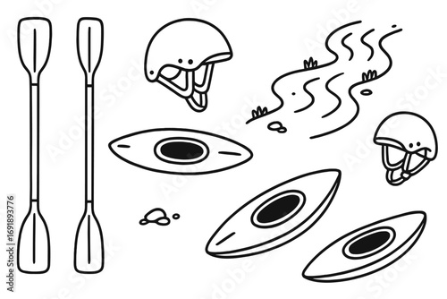 Kayaking gear vector doodle set. Hand drawn canoe, paddle, helmet, river icons. Black and white line art illustration for water sport, adventure and outdoor activity design.