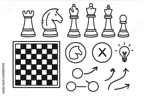 Hand-drawn chess elements set for business strategy. Vector icons for planning, tactics, and marketing. Line art illustration of game pieces, board, and idea lightbulb.