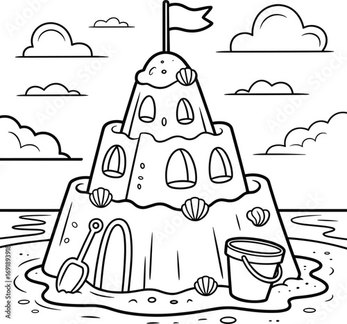 Black and white line drawing of a detailed sandcastle with a flag and bucket on a beach