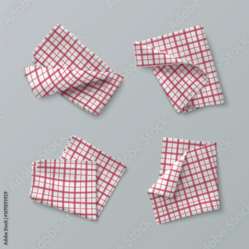 Towel handkerchief mockup with red checkered gingham pattern, folded kitchen napkins and picnic tablecloth designs for restaurant branding. Cotton fabric textiles with plaid print. Dishcloth linens
