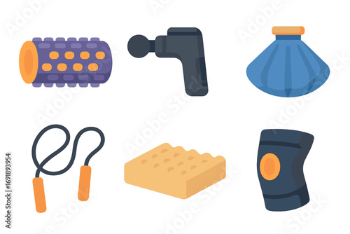 Fitness recovery tools icon set for muscle pain, injury, and therapy. Vector collection with foam roller, massage gun, ice pack, knee brace, rope, foam pillow.