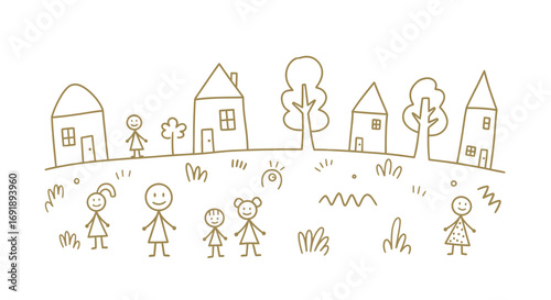 Child's Drawing Happy Family Neighborhood Scene