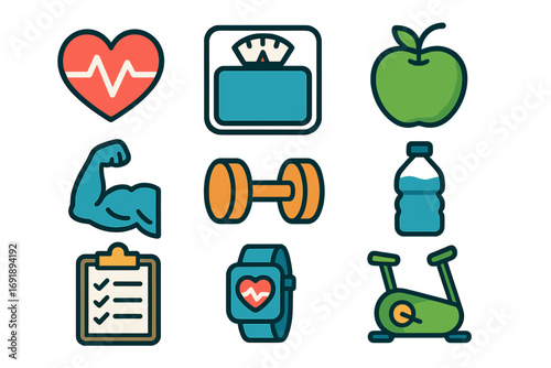 Health and fitness flat icon set for apps. Vector illustration of gym workout, healthy diet, and lifestyle symbols. Cardio, weight loss, nutrition and sport concept icons.