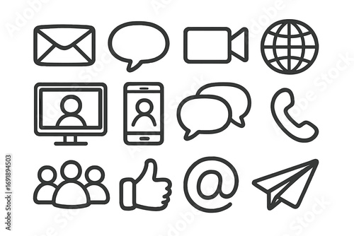 Hand-drawn online communication icons set for digital interface design. Vector cartoon illustration of contact symbols. Web, social media, business, chat, email and message.