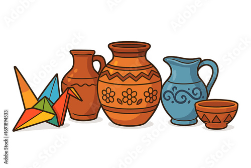 Pottery collection and origami paper crane vector illustration. Earthenware ceramic handicraft, traditional folk art hobby. Clay vase, jug, and bowl set with Japanese paper bird.