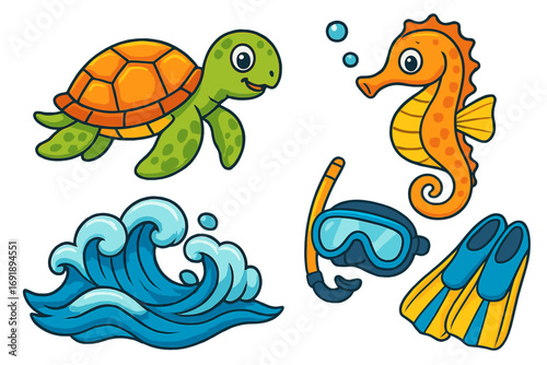 Marine life vector icon set. Cartoon sea turtle and seahorse. Ocean wave illustration. Diving mask, snorkel, flippers for summer holiday. Underwater adventure design elements.