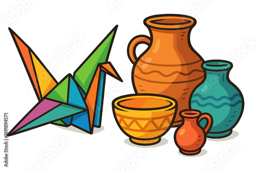 Colorful origami paper crane and pottery collection. Vector illustration of Japanese crafts and ceramics. Handmade hobby and creative art concept. Clay pots and paper bird.