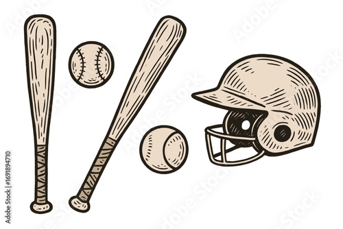 Hand-drawn baseball equipment set with bats, balls, and helmet. Vintage sport vector illustration for design. Sketch style game icons collection for league or championship.