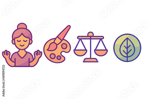 Wellness art balance nature icon set. Gradient vector. Meditation for mindfulness. Creative artist palette. Justice scales for law. Eco leaf for environment. Harmony concept.