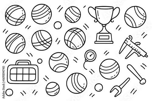 Hand drawn petanque sport doodle icon set. Vector line art illustration of bocce game equipment, boules balls, trophy cup, and competition tools for a championship match.