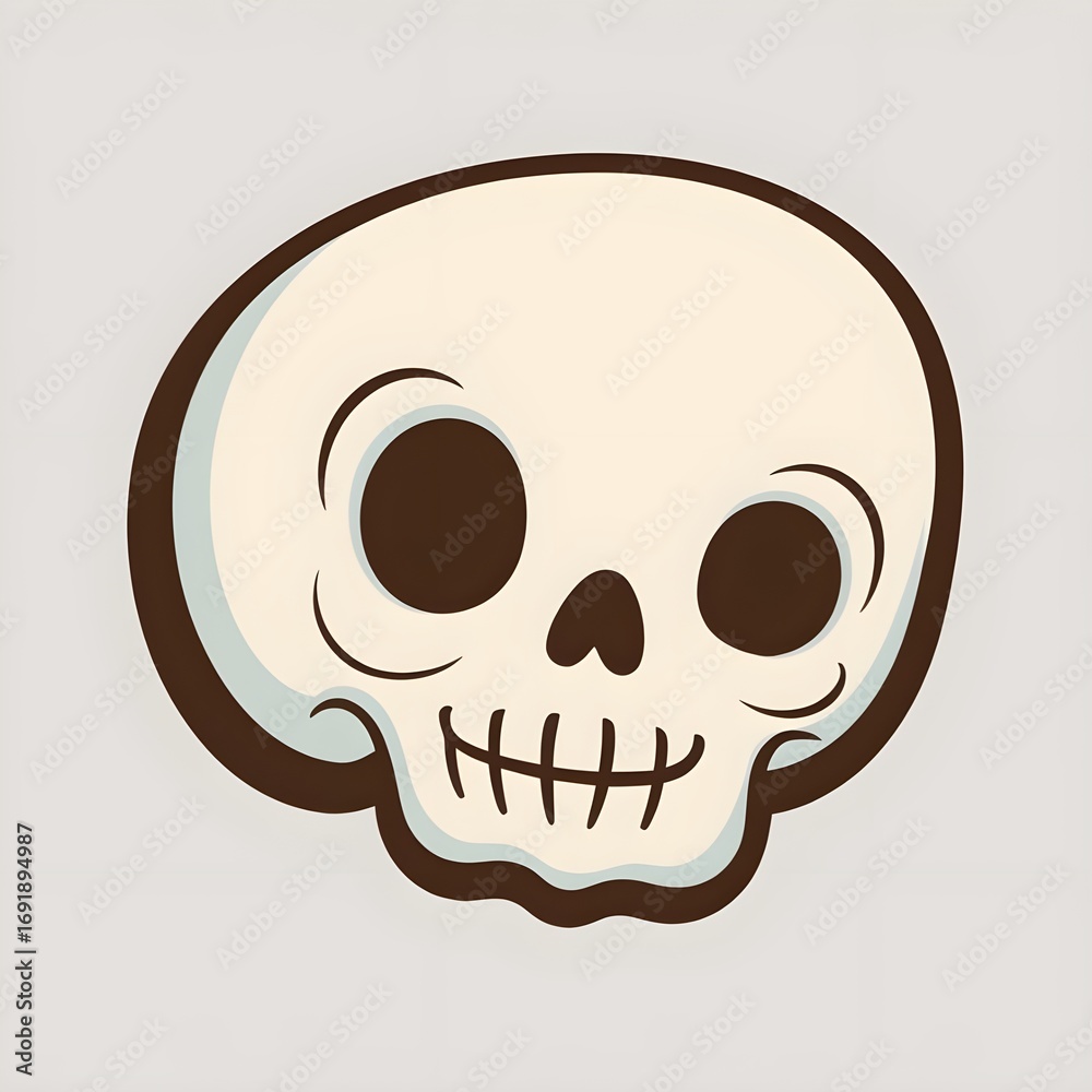 Fototapeta premium Friendly cartoon skull character design with soft rounded shapes, cheerful smiling expression, and charming playful style on a plain minimal background illustration