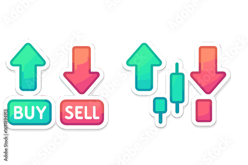 Set of modern gradient icons for finance and trading apps. Vector cartoon illustration includes trendy buy and sell buttons, up and down arrows, and candlestick chart symbols.