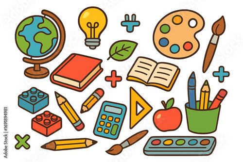 Back to school vector icon set. Cute cartoon school supplies for education, creativity, learning. Globe, book, pencil, calculator, paints, ruler. Study and knowledge concept.