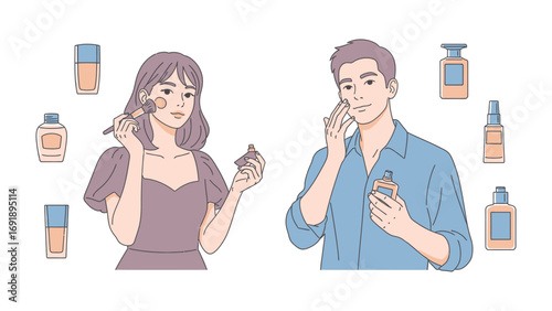 Diverse individuals applying skincare products and cosmetics showcasing a variety of beauty bottles and serums for a healthy radiant complexion