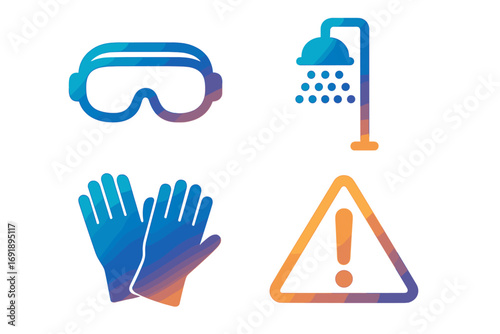 Set of gradient safety icons. Personal protective equipment, PPE. Vector illustration of goggles, gloves, emergency shower, and hazard warning sign for workplace safety.