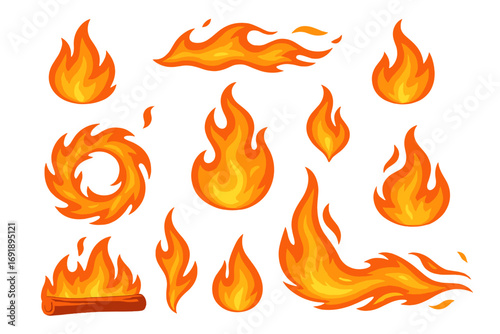 Set of fire flames vector icons. Collection of hot flaming elements. Cartoon bonfire, campfire, fireball & flare. Heat energy symbol. Blaze & burn illustration collection.