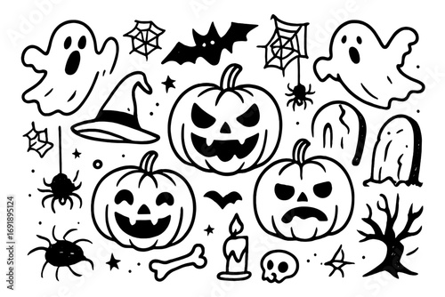 Halloween doodle set with hand drawn spooky elements. Vector cartoon illustration collection with pumpkin, ghost, spider, bat, and skull icons for party invitation design.