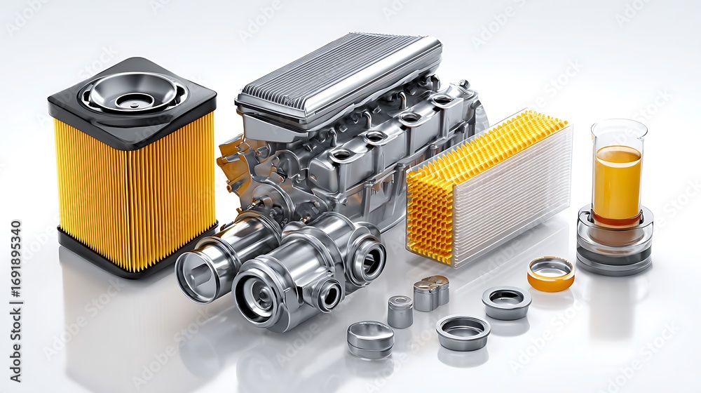 Fototapeta premium Analyzing Car Engine Components Oil and Air Filters for Maintenance