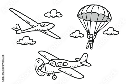Hand drawn air sports vector icon set. Includes glider, parachute, skydiver, and propeller airplane. Cartoon doodle illustration for aviation, flying and extreme sport concepts.
