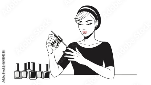 Elegant retro woman with stylish hairstyle applying nail polish with a focused expression and a collection of colorful nail lacquer bottles on a table