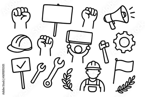 Labor Day protest vector icon set. Worker rights and union strike concept. Doodle collection with raised fist, demonstration sign, and megaphone. Mayday revolution illustration.