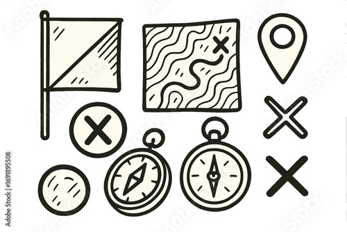 Hand drawn orienteering elements set. Vector cartoon icons with compass and map. Adventure, travel, and exploration concept. Navigation, treasure hunt, and discovery doodles.