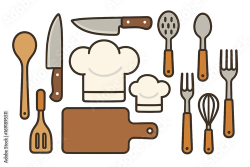 Cooking utensils and chef hat icon set for culinary concepts. Vector illustration of kitchen tools like knife, spoon, fork, and whisk for restaurant menus or gastronomy blogs.