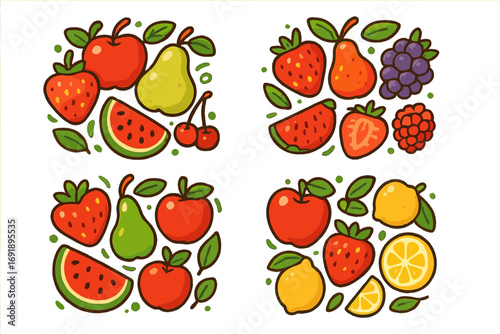 Set of colorful fruit compositions. Cartoon vector illustrations of apple, strawberry, pear, watermelon, lemon, grapes. Healthy food concept. Fresh summer fruits collection.