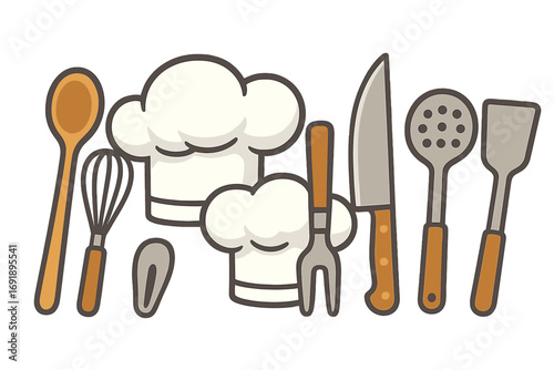 Cooking utensils icon set. Kitchen tools vector collection. Chef hat, toque. Culinary equipment. Professional cook. Gastronomy concept. Restaurant symbol. Food preparation.
