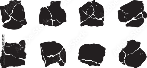 A Series of Isolated Cracked Stone Shapes Depicting Nature's Impermanence and the Sculpting Power of Time Across Varied Forms