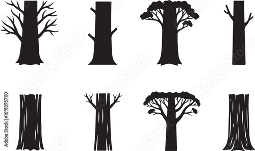 Silhouetted Tree Collection Artistic Black and White Tree Trunk Variety for Forest Designs and Natural Illustrations