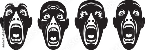 Faces of Fear A Black and White Illustration of Screaming People with Wide Eyes and Open Mouths Depicting Terror