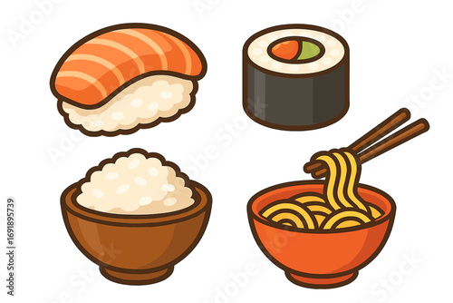 Japanese food icon set. Vector cartoon illustration of sushi, salmon nigiri, maki roll, ramen noodles, and rice bowl. Asian cuisine design elements for menu or restaurant.