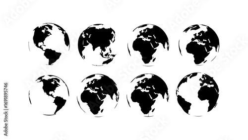 Earth globe continents black and white with transparent background