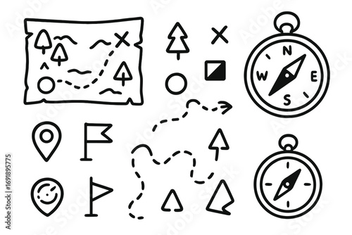 Hand-drawn orienteering icon set. Adventure map symbols, compass, and route elements. Vector cartoon illustration for navigation, travel, hiking, and treasure hunt design.