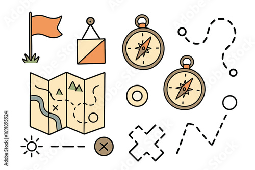 Hand-drawn orienteering adventure icon set. Vector cartoon map, compass, and route symbols for navigation, hiking, and travel. Exploration and treasure hunt elements.