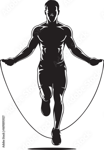 Muscular fitness athlete silhouette jumping rope for intense cardio workout and training
