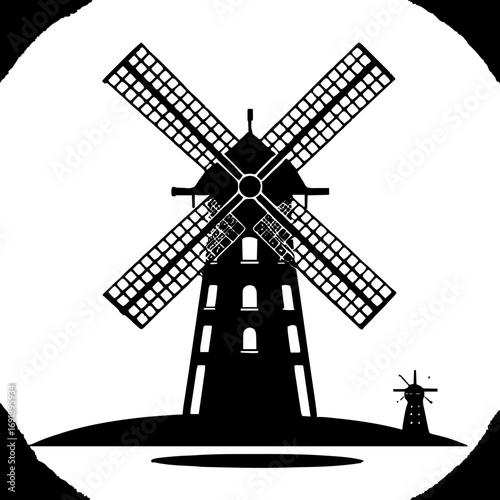 Silhouette windmill vector art illustration of a vintage wind power mill