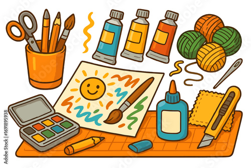 Art and craft supplies collection for creativity and hobbies. Cartoon vector set with paint, brushes, scissors, yarn, and glue for DIY projects or back to school concepts.