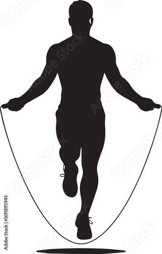 Muscular male fitness athlete silhouette jumping rope silhouette dynamic workout exercise motion