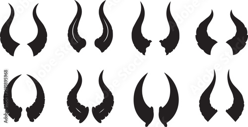 A Variety of Devilish Horns Displayed A Collection of Stylized Demon Horns in Silhouette Against a White Background