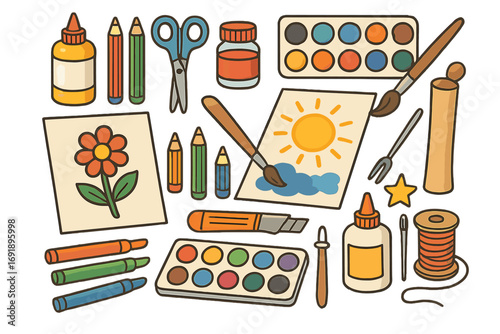 Art and craft supplies vector set for creativity. School education tools collection for drawing and painting. Cartoon icons of pencil, scissor, glue, and watercolor paint.