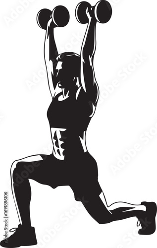 Muscular male silhouette performing dumbbell lunges exercise fitness motivation workout strength training