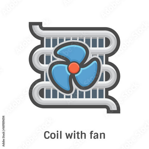 Heat coil and fan vector color icon. Part of outdoor compressor unit in HVAC systems for heat ventilation. Component in air conditioning systems, supporting cooling and airflow.