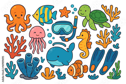 Cute sea animal character set. Cartoon ocean life collection. Vector illustration of octopus, fish, turtle, whale, jellyfish, seahorse, clownfish. Diving mask icon.