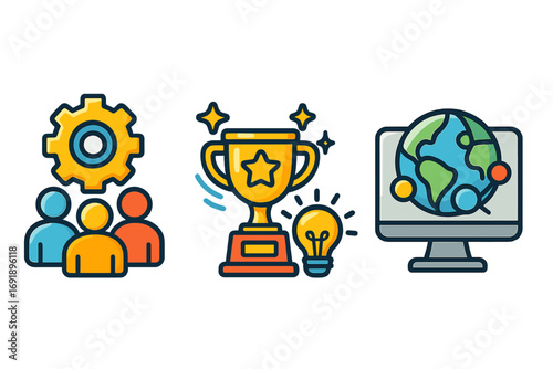 Vector icon set for business success. Teamwork, collaboration, and achievement concept. Global online connection, innovation, and award trophy. Flat cartoon illustration.