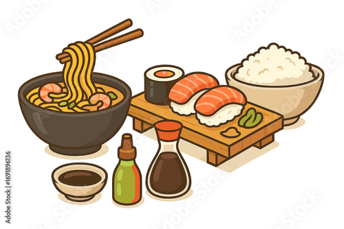 Asian food set with ramen noodle soup, sushi, and rice. Japanese cuisine elements like salmon nigiri, maki roll, shrimp, soy sauce, and wasabi. Vector cartoon illustration.