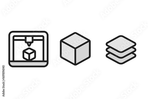 3D printing icon set. Minimalist vector illustration of a printer, cube model, and layers. Concepts for additive manufacturing, prototyping, technology, fabrication, and engineering.