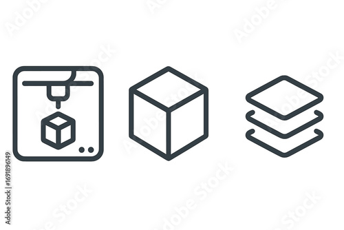 3D printing line icon set with printer, cube model, and layers. Vector illustration for technology, prototyping, and additive manufacturing. Minimalist design graphic element.